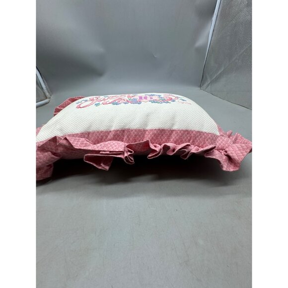 Handmade Cross-Stitched Sweet 16 Lynne Pillow With Pink Ruffled Edges & Floral D - Picture 5 of 8